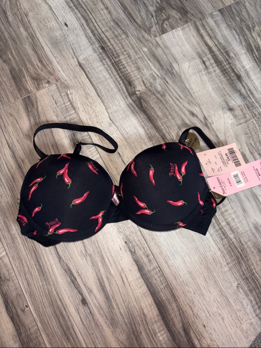 Juicy Couture Black Push-Up Bra with Red Chili Pepper Print